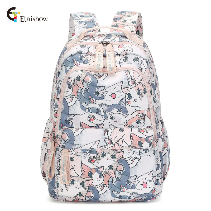 Factory wholesale schoolbag female high school junior high school students cute cat printing large capacity anti-water backpack girls
