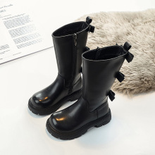 女童蝴蝶结公主靴子纯色加绒高筒靴2024秋冬保暖骑士靴女生长筒靴