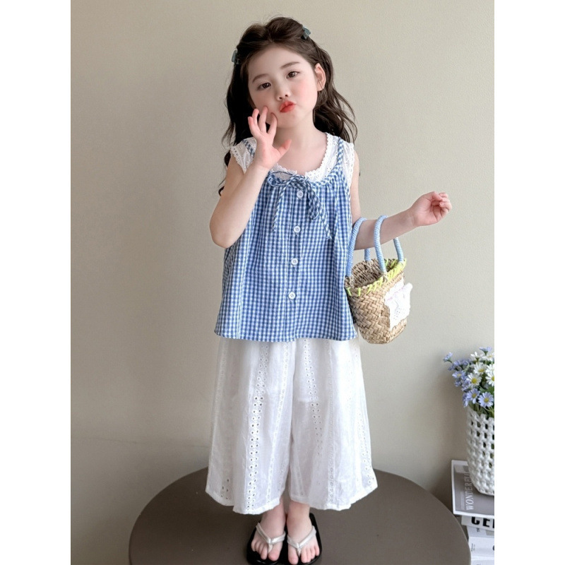 女童夏装假两件无袖套装儿童韩系背心2025新款女孩夏天时尚阔腿裤|undefined