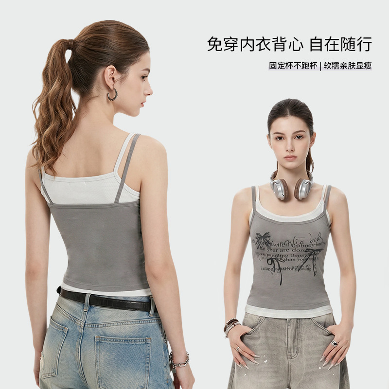 New Letter-Print Color-Blocked Camisole S187 Summer Retro Design Fake Two-Piece Slim Fit New Letter-Print Color-Blocked Camisole S187 Summer Retro Design Fake Two-Piece Slim Fit