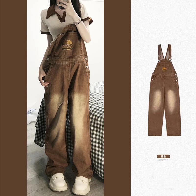 American Retro Brown Hamburger Embroidered Overalls for Women, Loose Straight-Leg Pants, Slimming Denim Jumpsuit, Trendy on Instagram