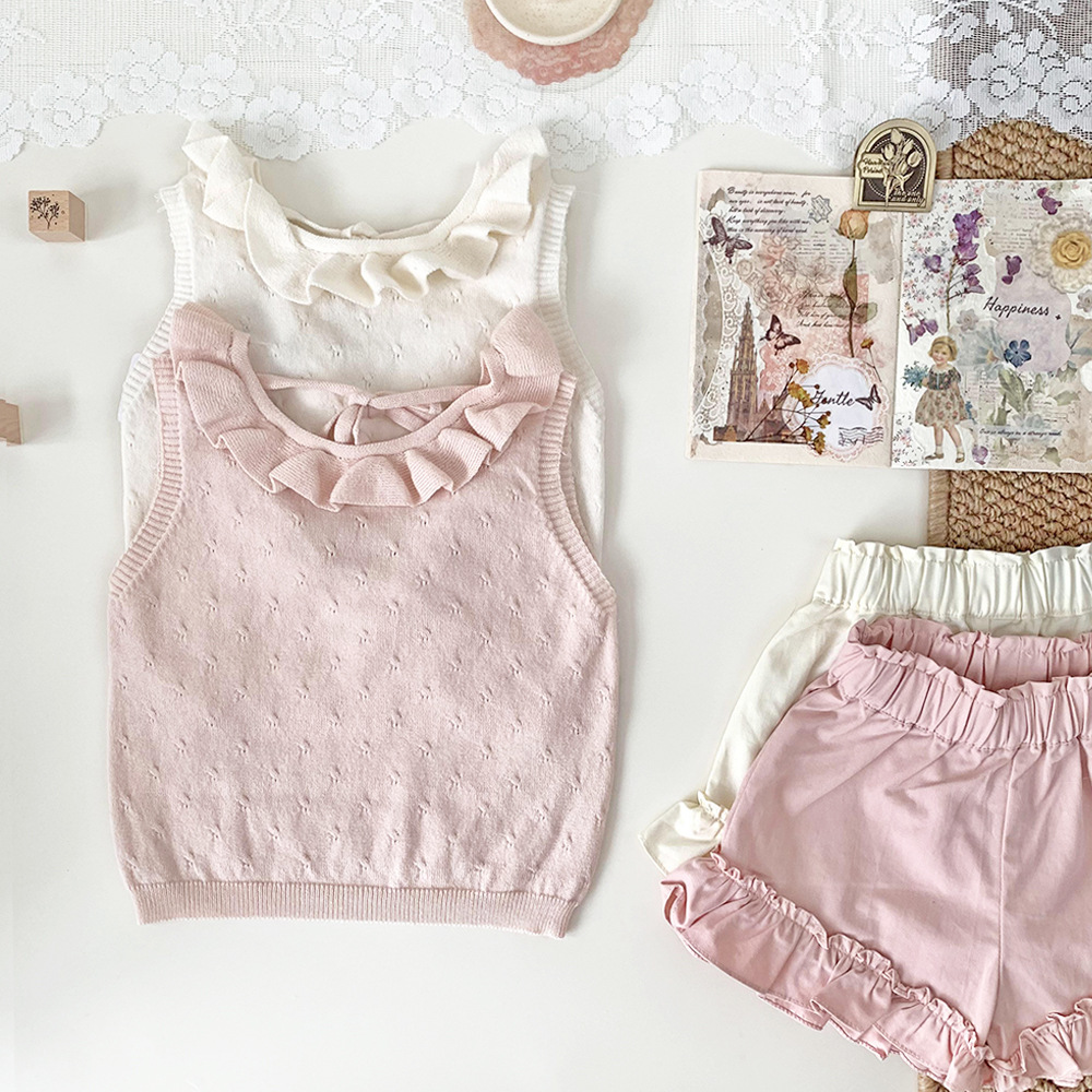 Cutemily Children's Summer Knitted Backless V-neck Design Thin Strap Top for Girls with Lace Back