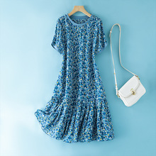 现货-69126大码显瘦女装100%桑蚕丝a字裙宽松真丝碎花连衣裙女