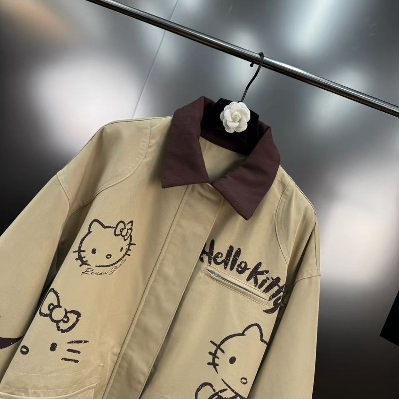 2025年秋季减龄少女风猫咪涂鸦印花翻领长袖宽松休闲风衣|undefined