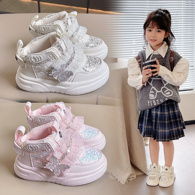 Блестки бант кружева 2024 осенние и зимние одиночные туфли для девочек дикие кроссовки повседневные корейские сладкие детские туфли