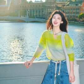 韩版chic撞色设计感v领薄款毛衣女2026春秋宽松马海毛针织衫上衣
