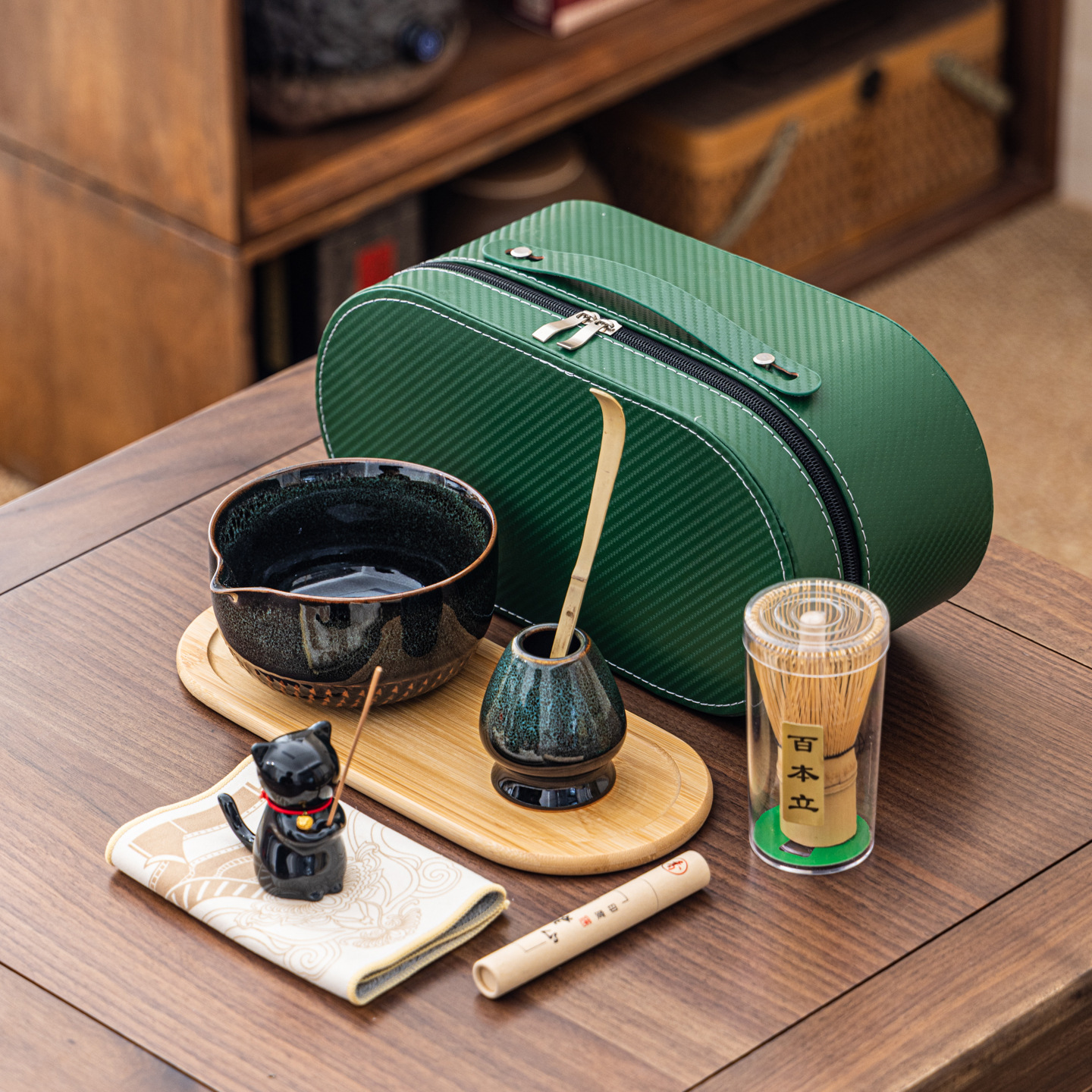 Cuenco de matcha corrugado caja de cuero set adorable gatito Xiangdao ocho piezas set punto té 100 tazas de té