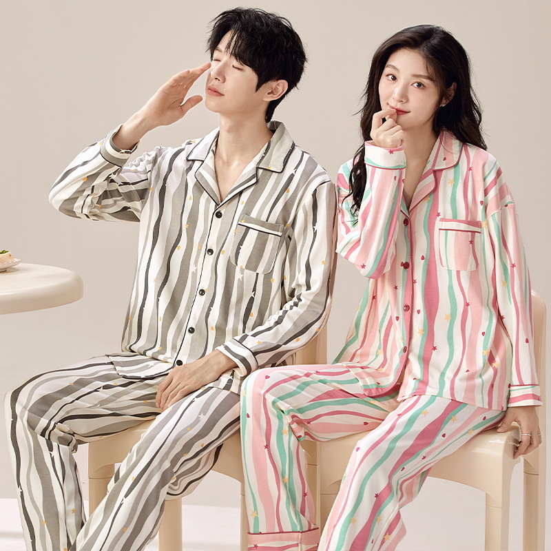 Spring and Autumn Couple's Double Long Two-Piece Pajamas Casual Lapel Cardigan Home Clothes Men and Women Can Wear Autumn suit