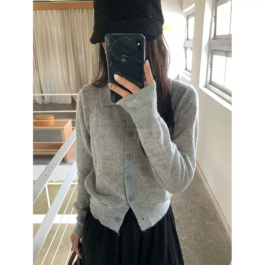 黄峥韩版POLO领长袖针织衫女2025秋季休闲百搭简约开衫上衣530085