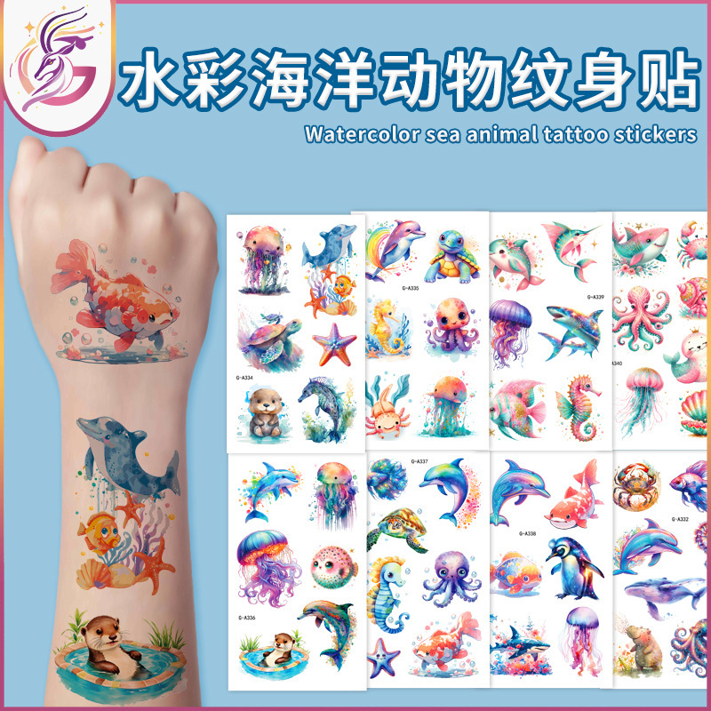 Marine Animal Tattoo Sticker New Cartoon Childlike Disposable Simulation Watercolor Marine Biological Temporary Tattoo Sticker