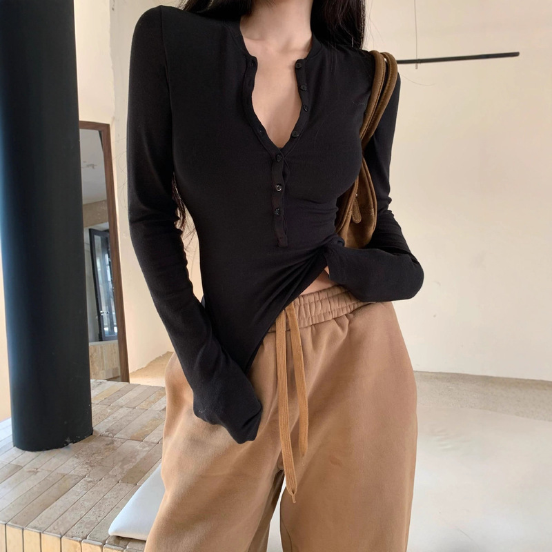Hot Girl Slim Fit Elastic Long-Sleeved Right Shoulder T-Shirt for Women in Spring and Autum Sexy Figure-Showing Bottoming Shirt Tight Slimming Look Top
