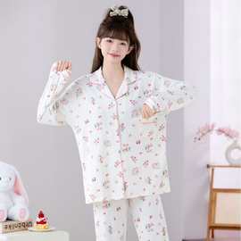 跨境批发爆款网红款睡衣女士春秋季开衫长袖翻领印花家居服套装