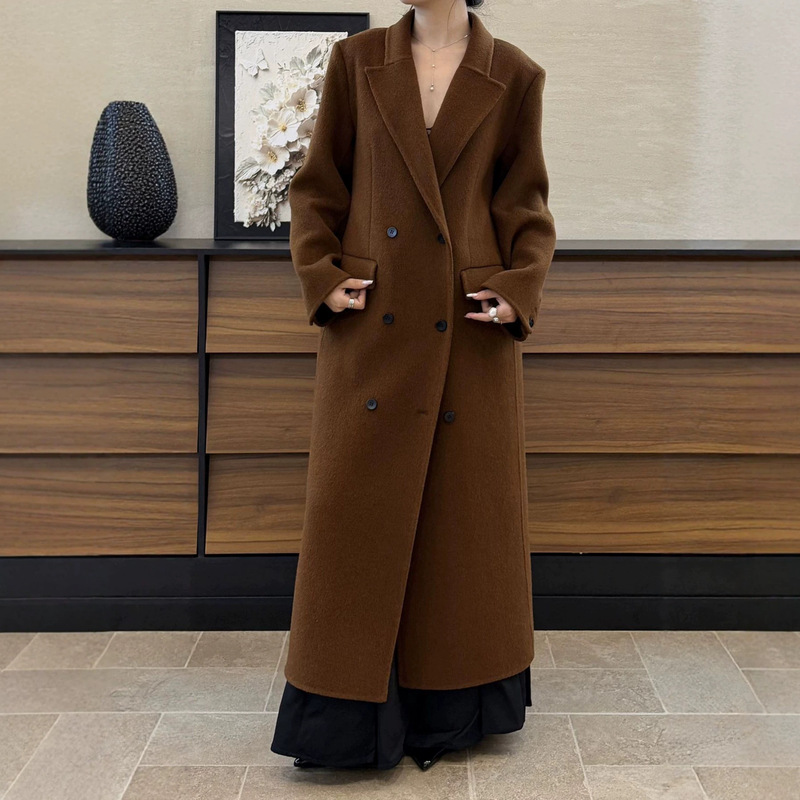 【8515】Straight shoulder H-line slim-fit pure black double-sided wool coat for women, winter long woolen coat