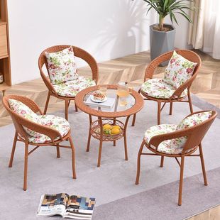 Balcony Small Coffee Table Rattan Chair Three-Piece Set Combination Leisure Tea Table Courtyard Small Teng Chair Outdoor Rattan Outdoor Table and Chairs
