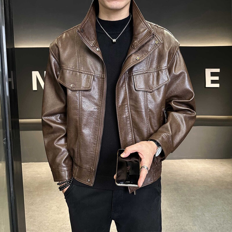 Casual PU leather jacket for men, autumn trendy stylish biker leather jacket, high-end loose fit versatile top Casual PU leather jacket for men, autumn trendy stylish biker leather jacket, high-end loose fit versatile top