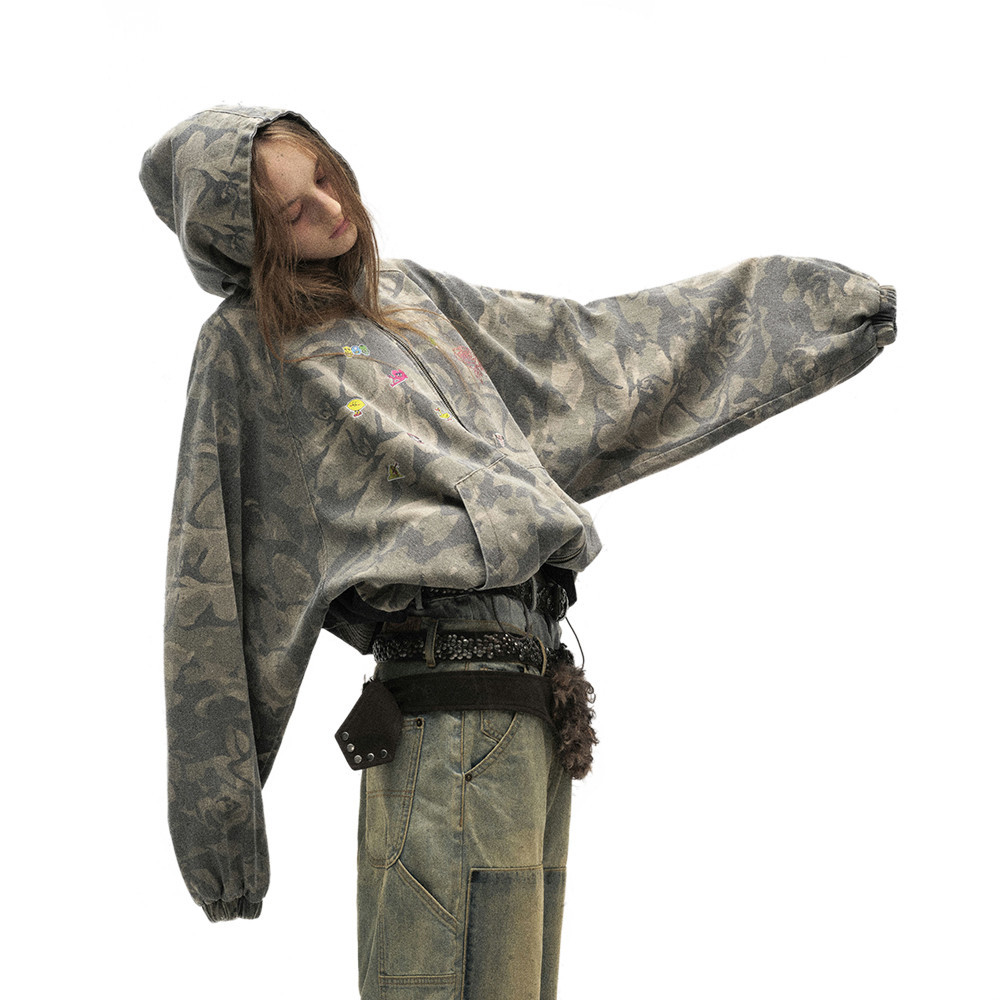 Giacca con cappuccio patchwork mimetica vintage da uomo e da donna, stile punk, vestibilità ampia, effetto consumato, per abbigliamento casual da strada, taglie dalla M alla 2XL_voghion.com