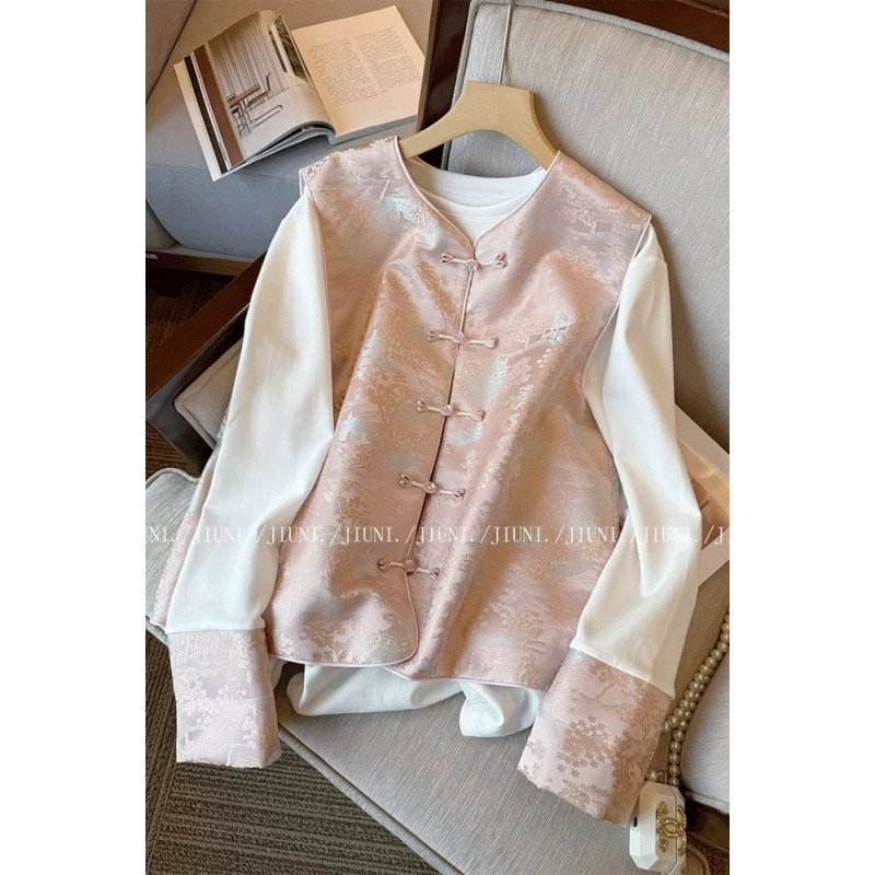 Розовый новый китайский жаккардовый жилет женский комплект из двух предметов 2025 весна новый стиль иностранный стиль омолаживающий многослойный китайский костюм