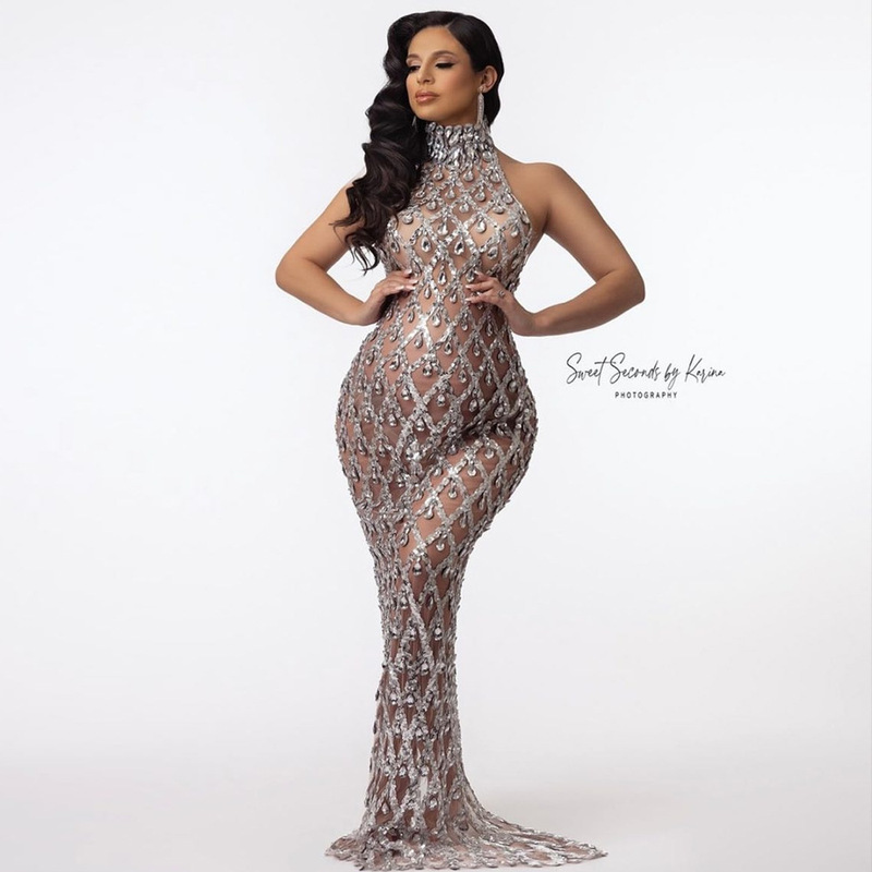 Luxury Sticking Diamond European and American Pregnant Women Photography dress Shiny Large Diamond Sequin Perspective Mesh Pregnant Women Photography Dress