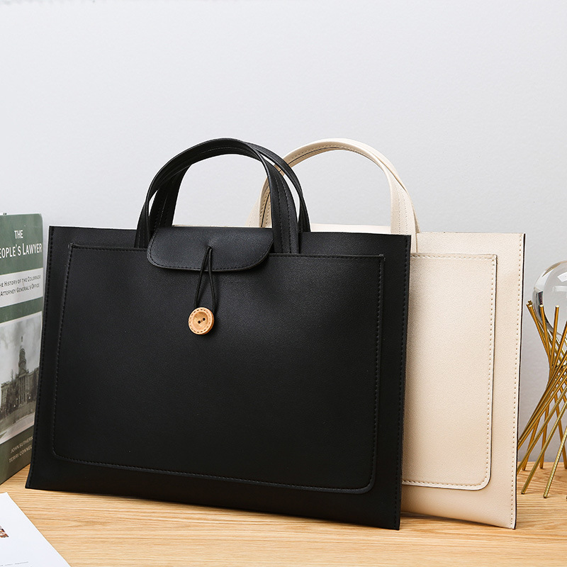 Korean Style Solid Color Minimalist Leather Laptop Bag Professional Handbag Briefcase for Women Business OL Style Document Bag 14 inch - Thumbnail 2