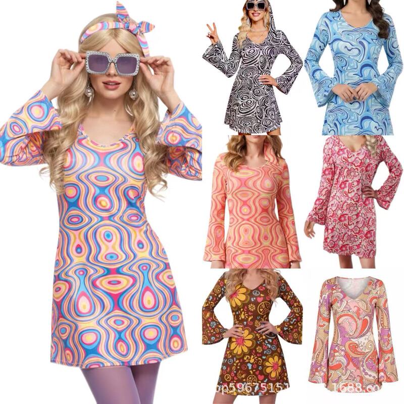 European and American Cross-Border Retro Hippie Print Dress with Long Bell Sleeves, Round Neck, Short Skirt, and Silk Scarf, Fashionable Women's Clothing European and American Cross-Border Retro Hippie Print Dress with Long Bell Sleeves, Round Neck, Short Skirt, and Silk Scarf, Fashionable Women's Clothing