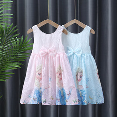 Princess Elsa Snow Queen Cartoon Print Children's Bow Blouse Dress Pure Cotton Middle and Big Children's Dress