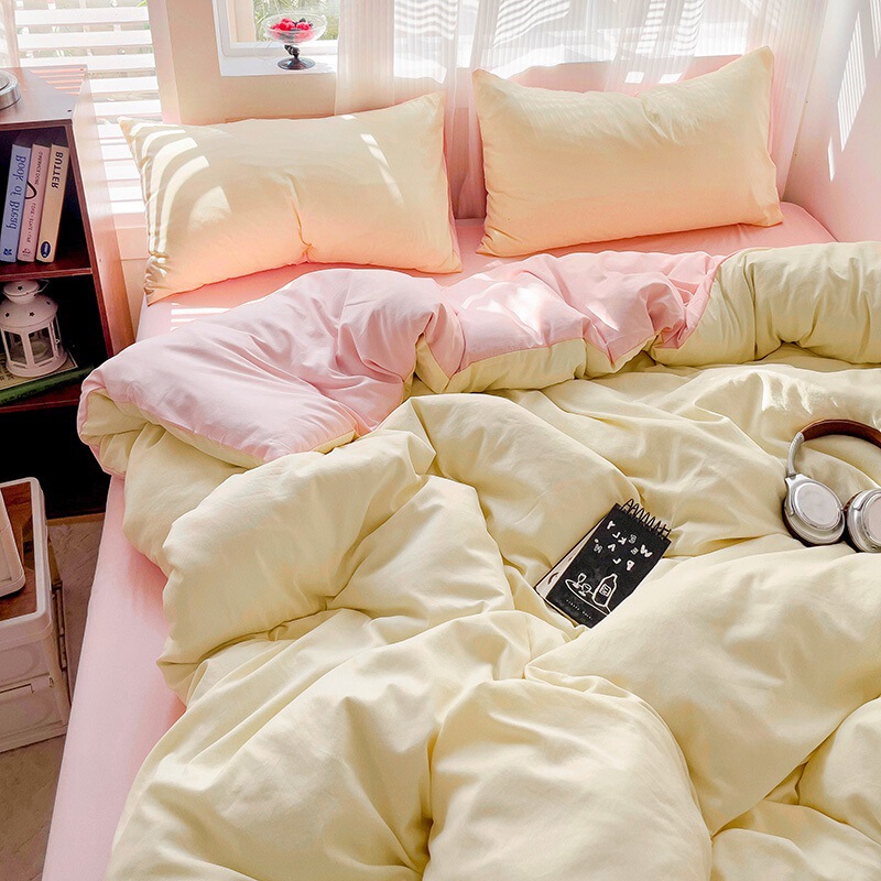 Class a Washed Cotton Four-Piece Bedding Set, Dormitory Three-Piece Set, Bed Sheet, Duvet Cover, Pillowcase, Solid Color, Ins Style Fitted Sheet