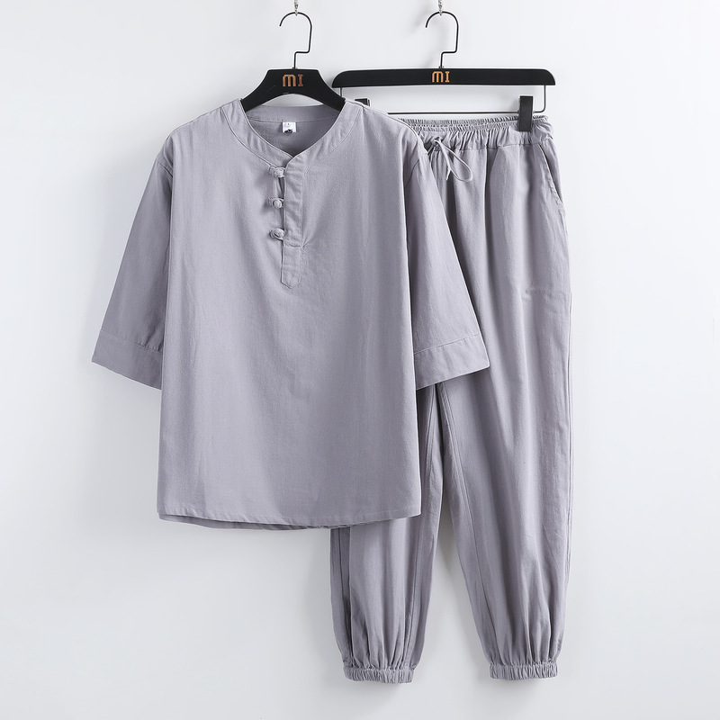2025 夏中国風リネン半袖スーツボタン付き半袖唐スーツ漢服居士服中国風の綿とリネンのスーツ|undefined