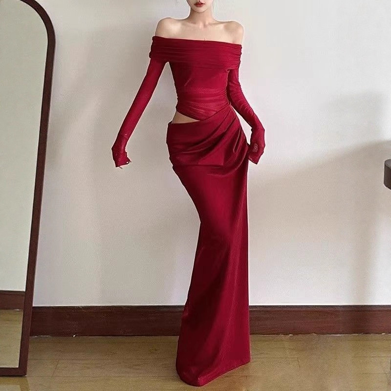 Spring and Summer Spicy Girl Style Mesh Patchwork Off-Shoulder Dress for Women, with Cut-Out Waist Design, Slimming Long Dress