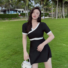 Plus-size swimwear—new, modest, tummy-covering, figure-flattering, push-up swimsuit with separate boxer shorts—perfect for swimming and hot springs.