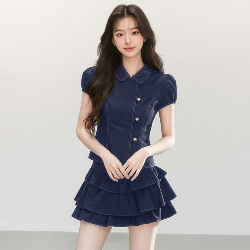 Korean-Style College Style Doll Collar Waist-Cinching Shirt Set for Women, Summer Cute Girly Cake Skirt Two-Piece Trendy Set