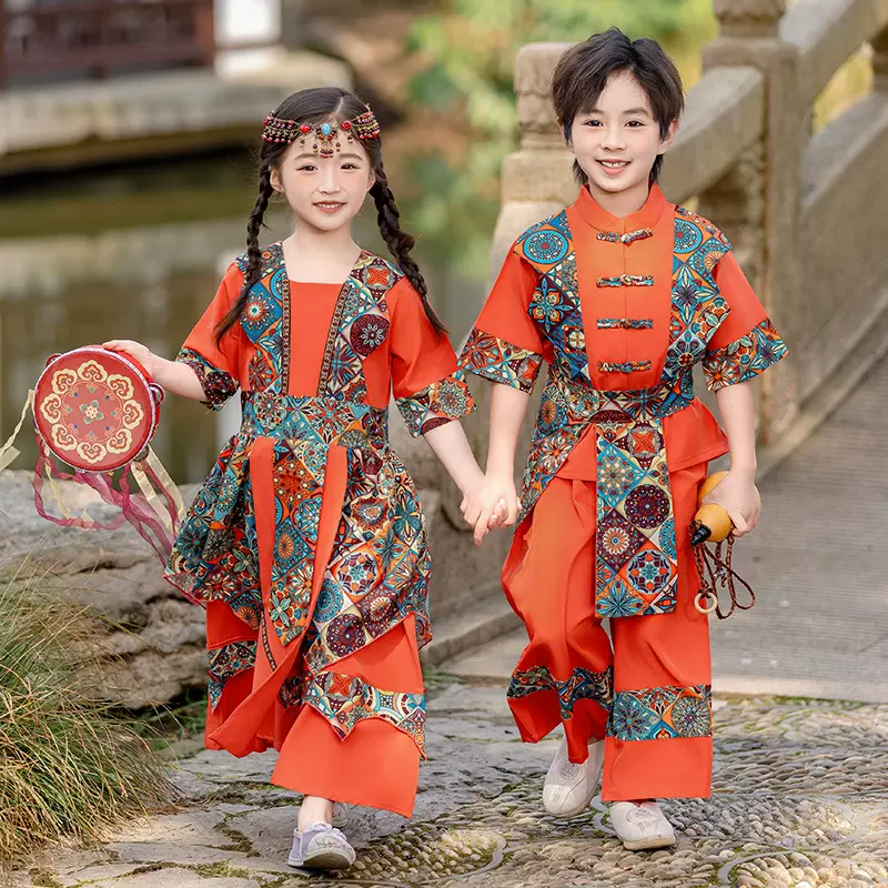 儿童汉服套装演出服男童少数民族风中国风唐装女童六一舞蹈表演服