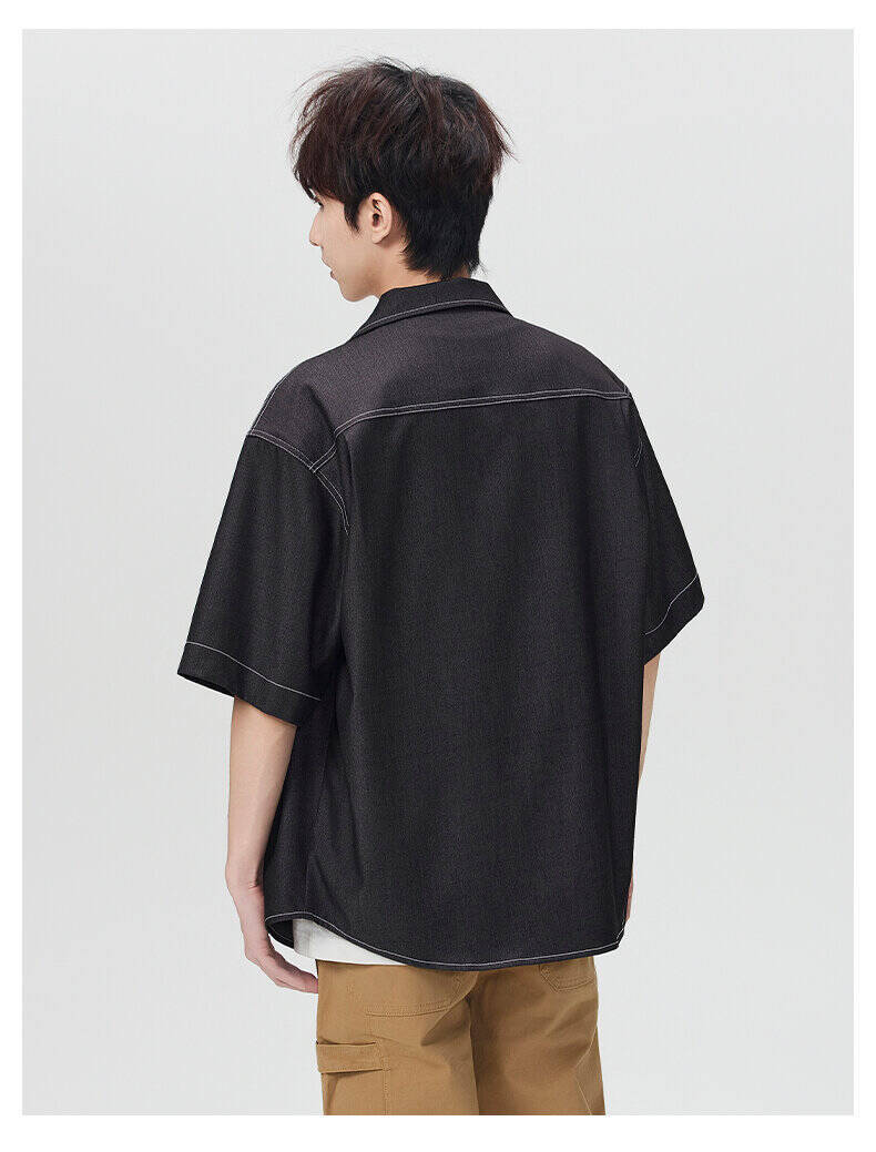 Japans retro denim overhemd voor heren met cubaanse kraag_voghion.com