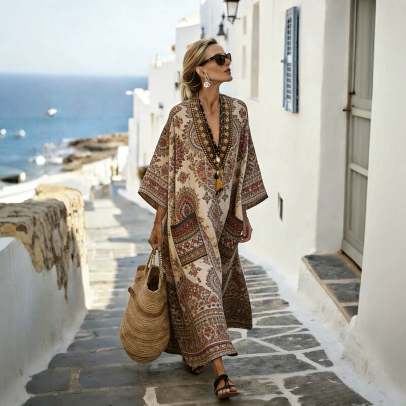 Cross-Border Foreign Trade European and American Bohemian Ethnic Style Graphic Print Women's V-Neck Mid-Length Sleeve Retro Dress