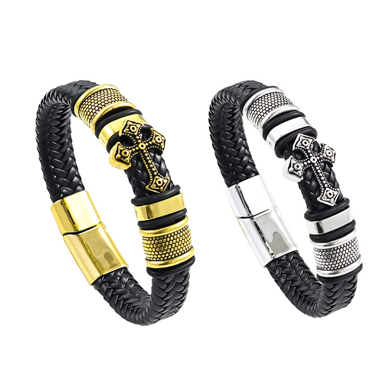 Fashion cross-border woven plating gold cross bracelet simple bracelet men's multi-layer leather bracelet wholesale