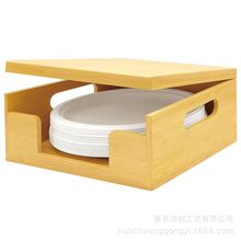 跨境新品竹制纸盘分配器厨房桌面翻盖式圆盘整理盒橱柜方形收纳盒