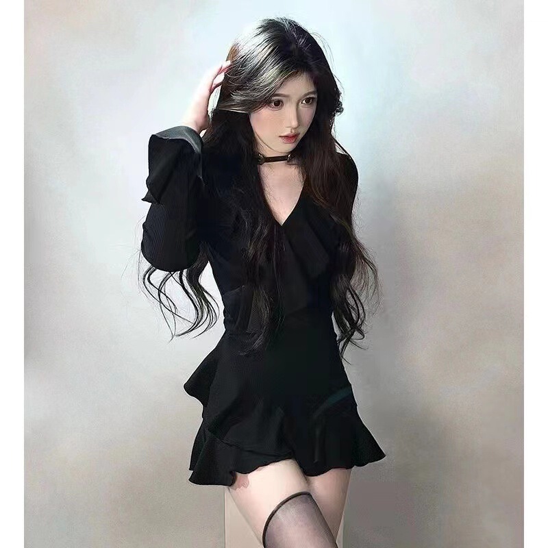 Black Ruffled Bell-Sleeve Long-Sleeve V-Neck Dress, Elegant Little Black Dress with a Cinched Waist and A-Line Short Skirt