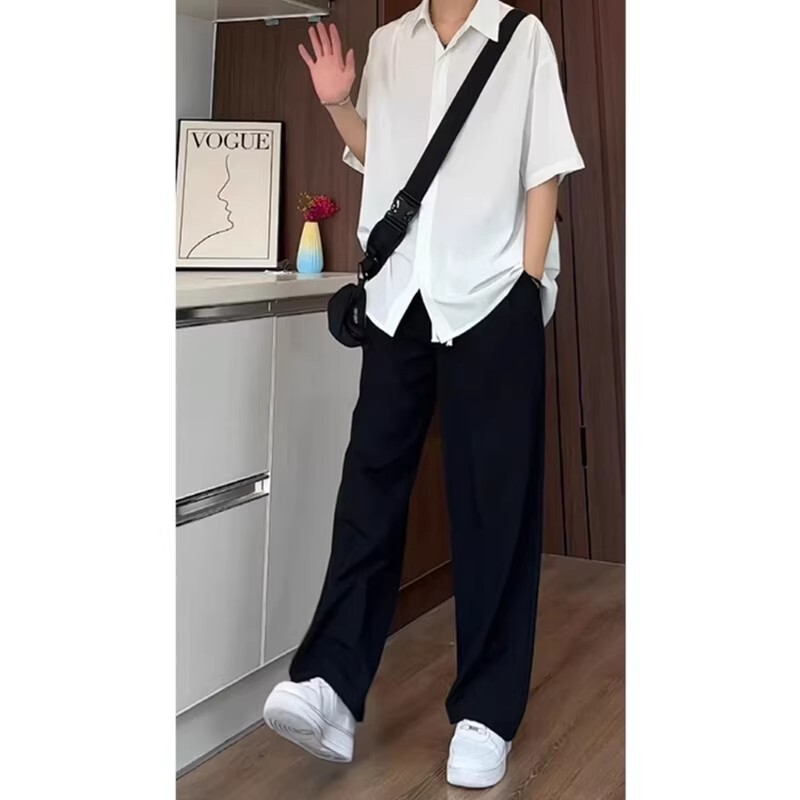 Set of Solid Color Black Ice Silk Cool Shirt Casual Trousers Two-Piece Set Men's Trendy Large Size Short-Sleeved White Shirt Pants