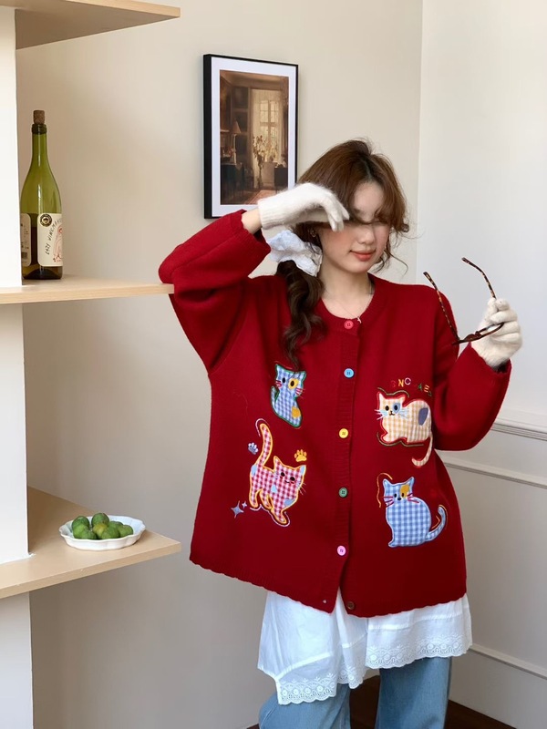 2025秋冬新款韩版复古卡通刺绣针织开衫女宽松慵懒风百搭毛衣外套|undefined