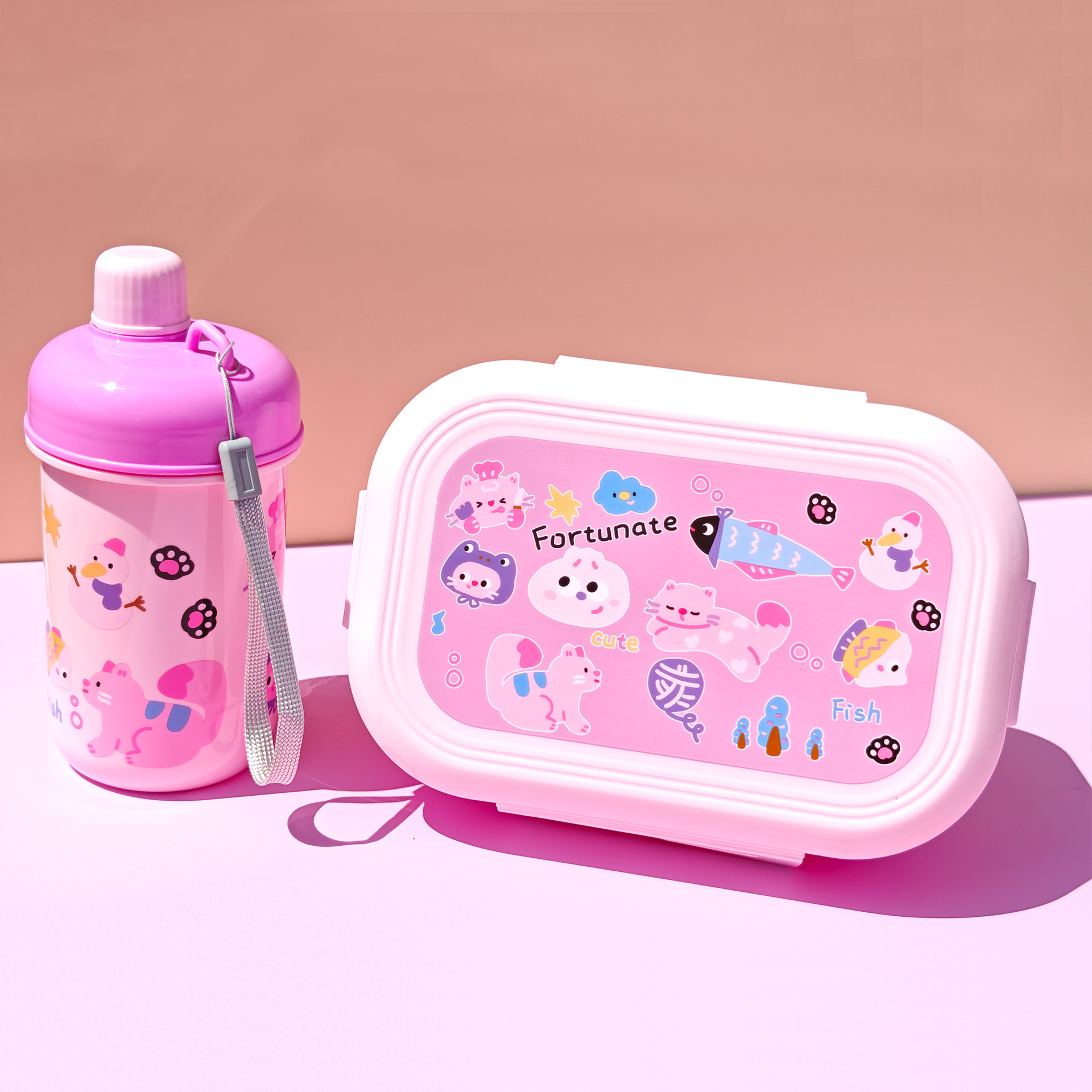 Hot sale de doble almuerzo de plástico hervidor conjunto de estudiantes y niños lindo caja de almuerzo portable taza de agua directa