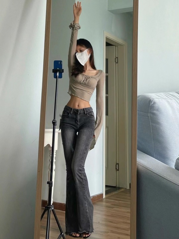 美式设计感毛边微喇叭牛仔裤女2025春秋季低腰辣妹修身拖地长裤潮|undefined