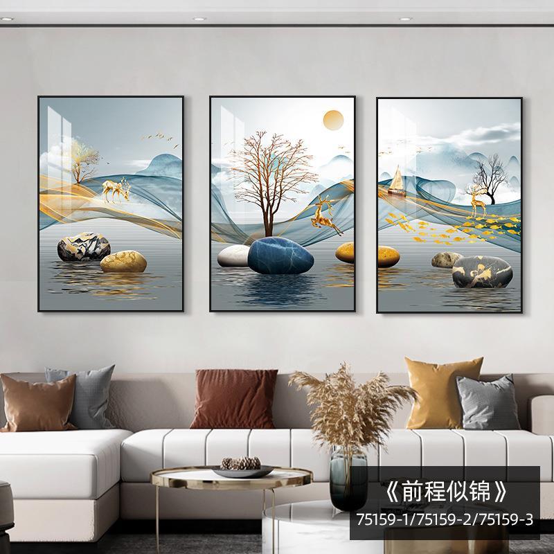 简约大气沙发背景墙聚宝盆山水画酒店宾馆客厅装饰画中式画福鹿|undefined
