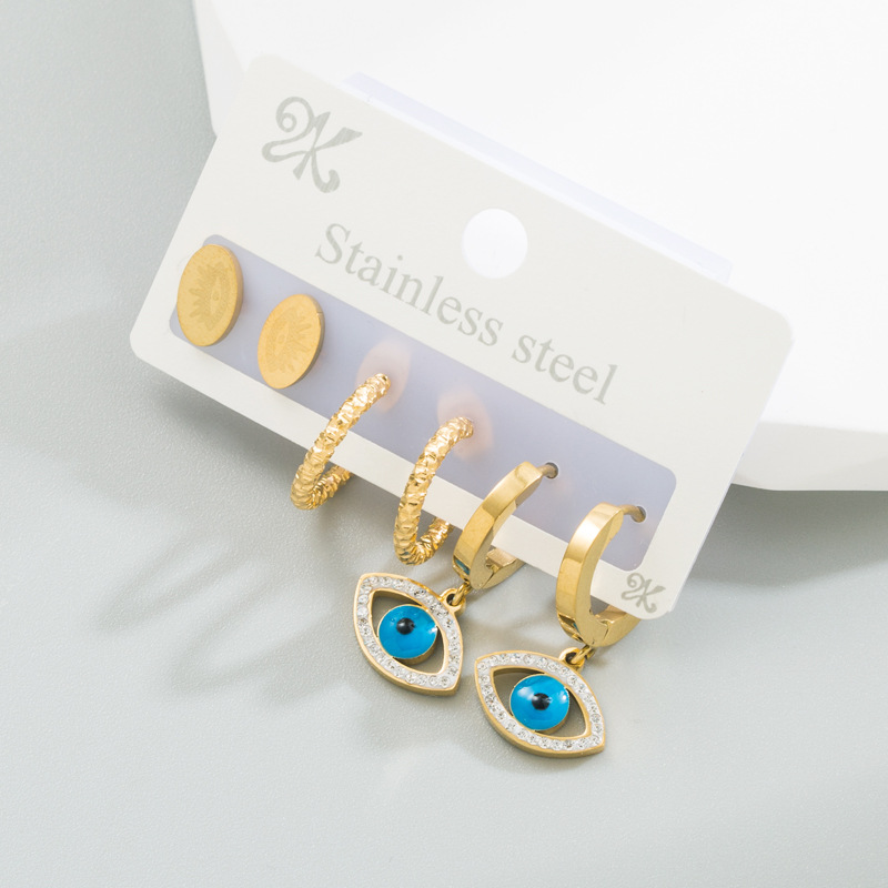 Fashion Four Leaf Clover Eye Titanium Steel Earrings Rhinestones Stainless Steel Earrings 3 Piece Se