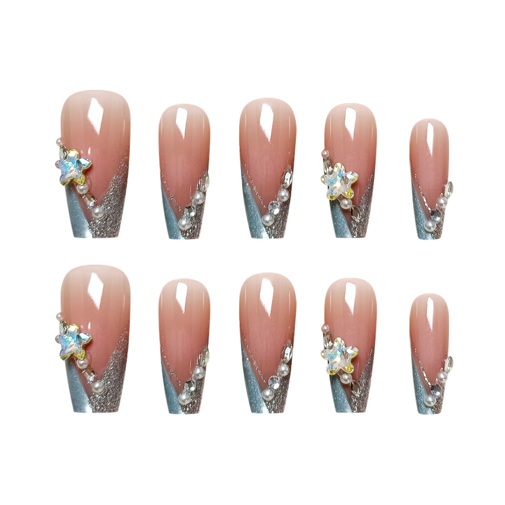 Juego de 10 piezas de puntas de uñas con forma de ballet, uñas postizas hechas a mano estilo francés con efecto estrella, uñas postizas iridiscentes con efecto ojo de gato y diamantes de imitación. image 6