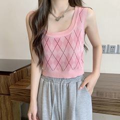 American retro rhombus knitted vest for women summer wide shoulder straps sleeveless short style inner and outer suspender top ins trend