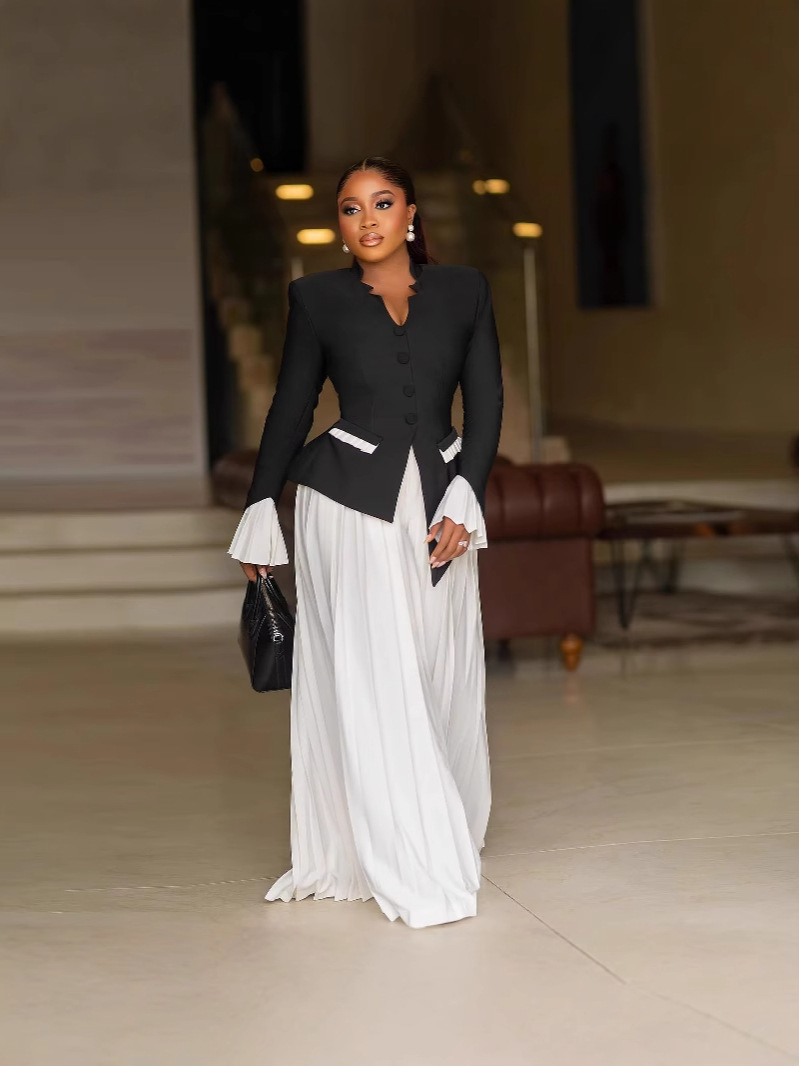 Women's Clothing spring and summer black large size fashion flared sleeve top & pleated pants suit_voghion.com