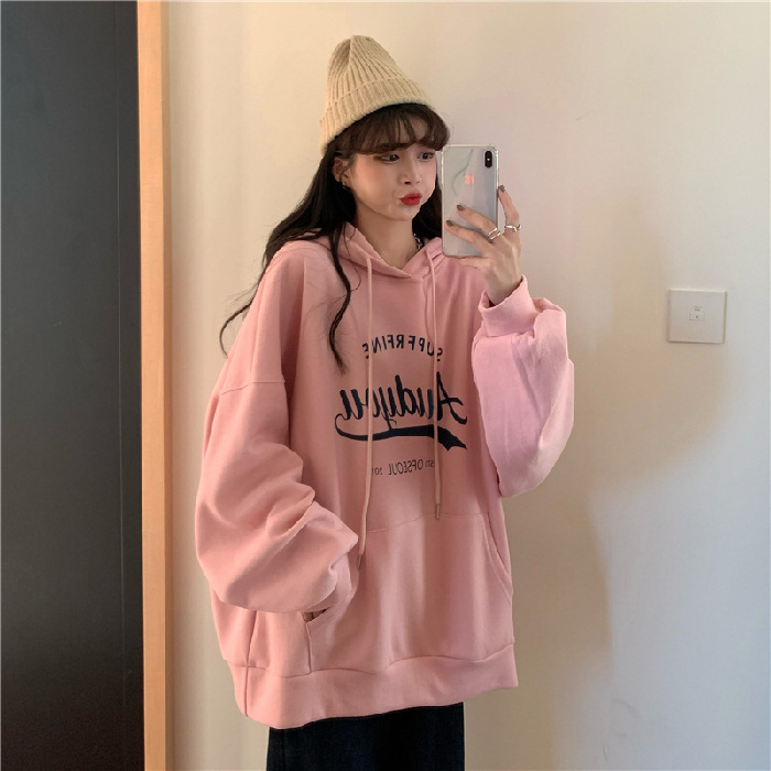 Sudera con Capucha Transfronteriza de Otoño/Invierno, Estilo Coreano, Estampado de Letras, Nuevo Modelo, con Forro Polar, Manga Larga, Top Multiusos de Moda