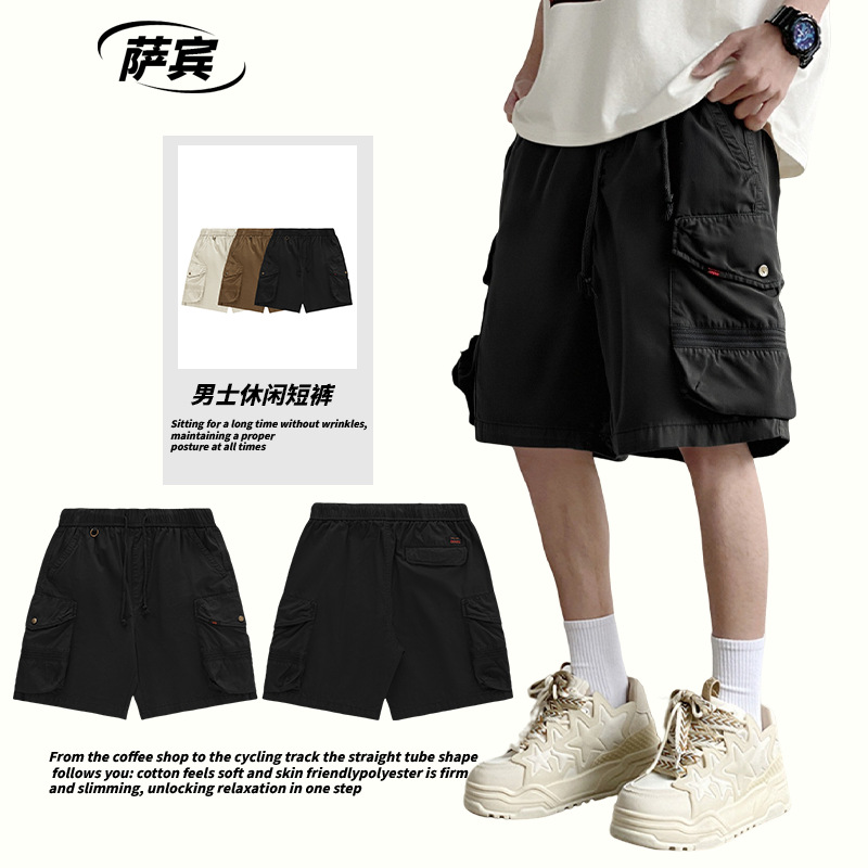 In-Stock Washed Vintage Men's Shorts for Summer, Loose Straight-Leg Pure Cotton Cargo Shorts for Men with Multiple Pockets