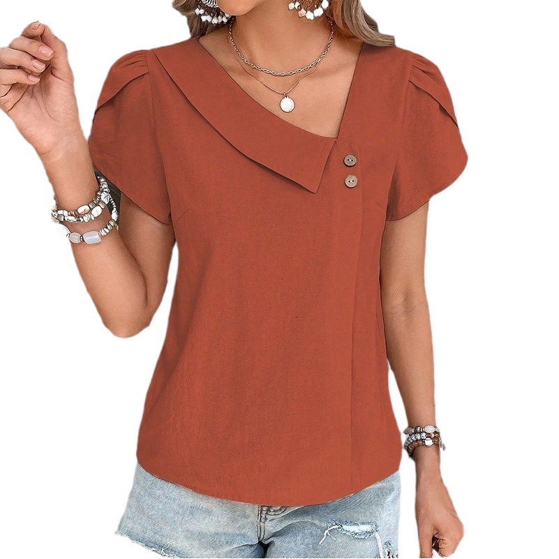 Ropa de Mujer Europea y Americana de Amazon, TikTok y Temu, Estilo Veraniego 2026, Cuello Pequeño Inclinado, Color Sólido, Top de Algodón Lavado para Mujer