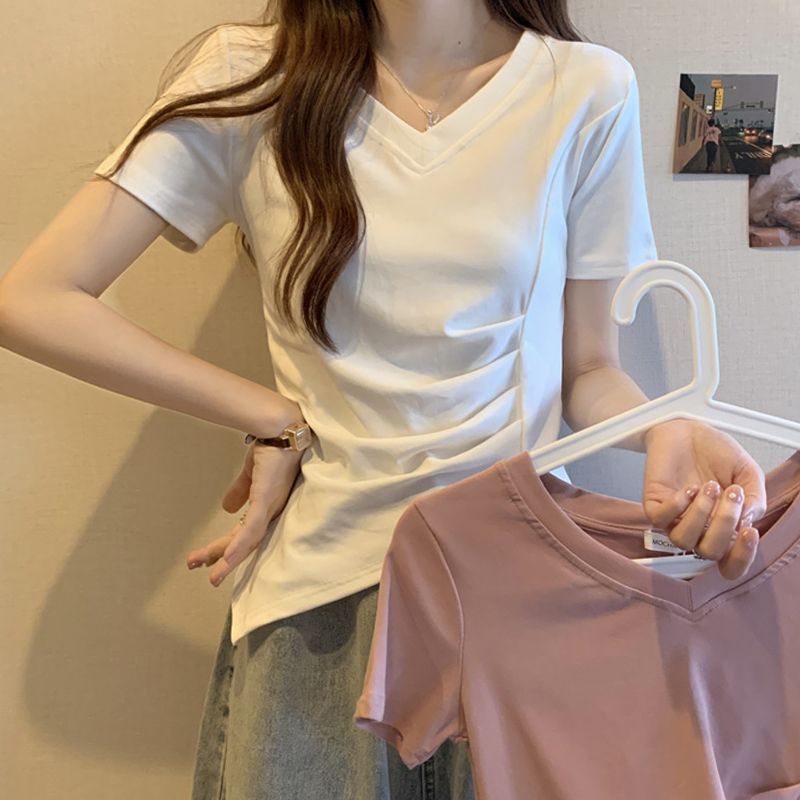 Sentido del diseño de la camiseta de manga corta de nicho para mujer verano nuevo estilo suelto y delgado de gran tamaño puro estilo abierto camisa de fondo
