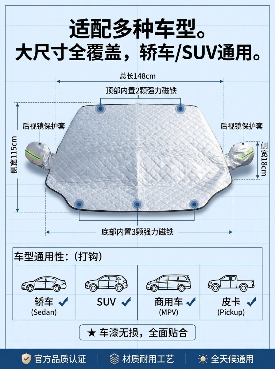 Car snow cover for front windshield, thickened anti-freeze and anti-frost sunshade, universal 5-magnet car cover half cover